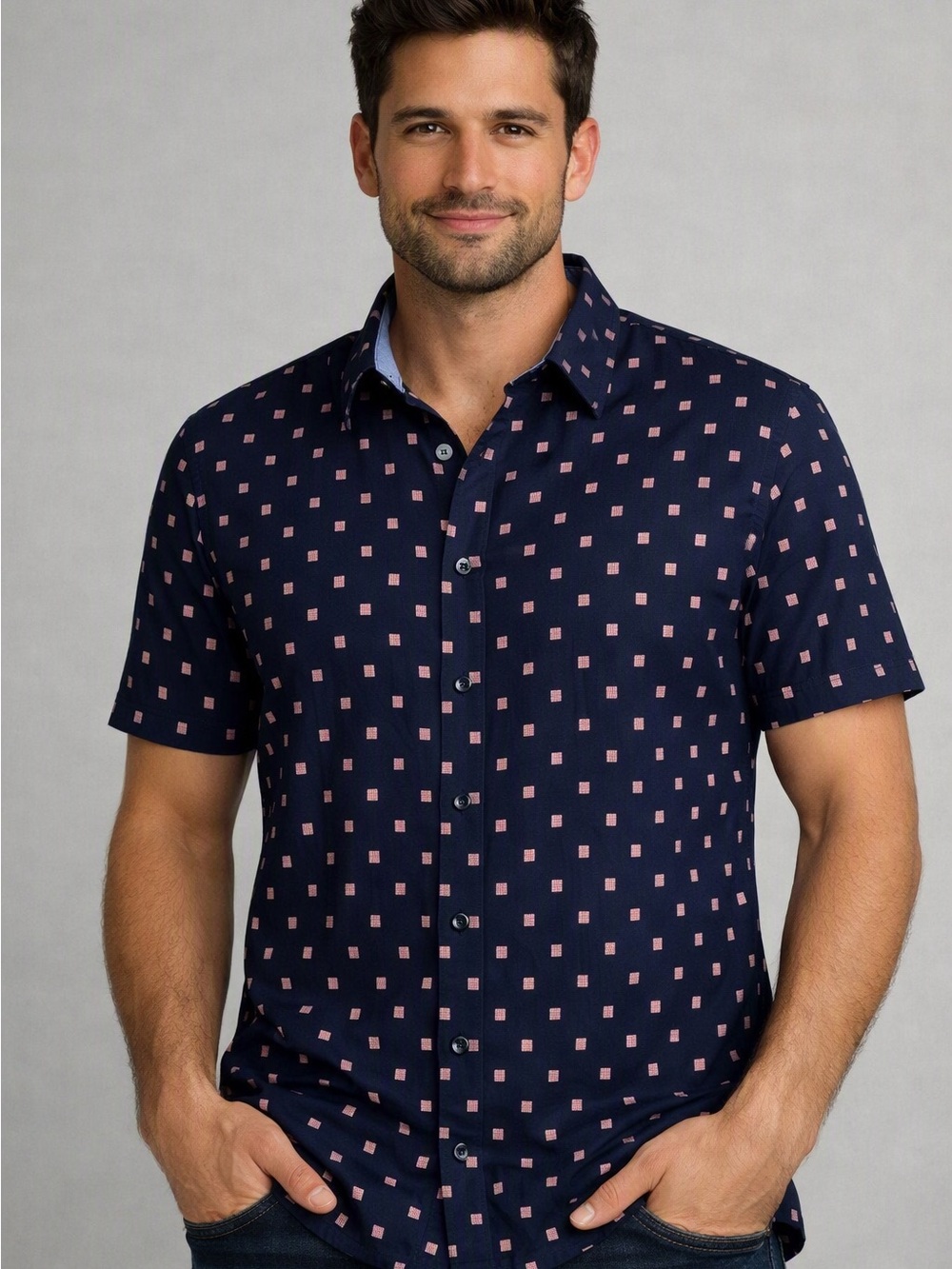 Tommy Bahama Men's Navy Short-Sleeve Button-Up Shirt Square Print size Large